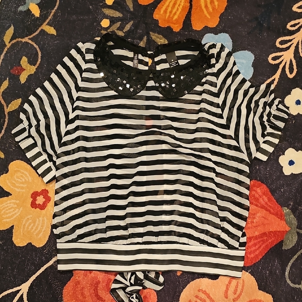 Bisou Bisou Black and White Striped  Blouse with Sequin Collar With Open Back